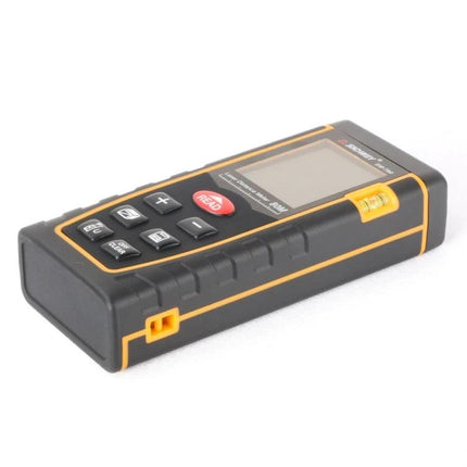 SNDWAY Handheld Laser Range Finder for Everyday Measurements showing black-yellow device with display and buttons for distance, area, volume measurements