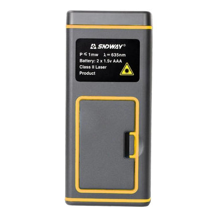 SNDWAY Handheld Laser Range Finder for Distance Measurement showing compact gray and yellow handheld device with laser warning label