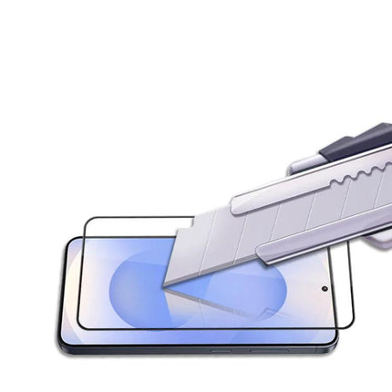 Mocolo Samsung Phone Screen Protector for Everyday Use showing tempered glass resisting a utility knife scratch on a Samsung phone screen