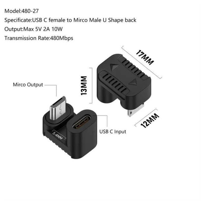USB-C Female to Micro USB Male Adapter for Data and Charging shown as compact black adapter with dimensions and Micro USB output