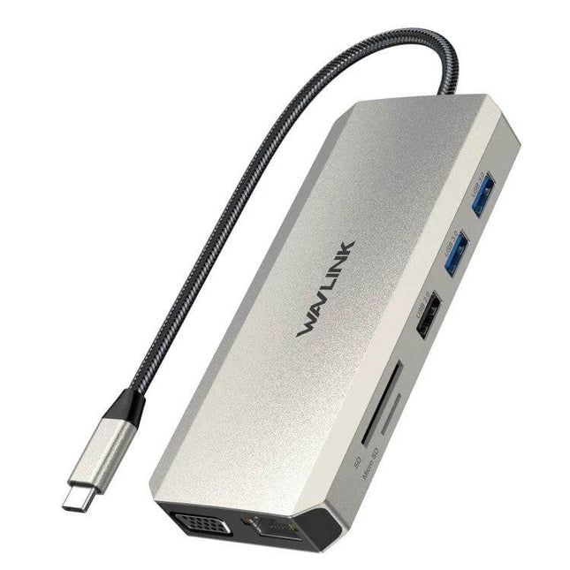 Wavlink 12-in-1 USB-C Multi-Port Adapter for Device Connectivity compact silver hub showing multiple USB, HDMI, SD card and VGA ports