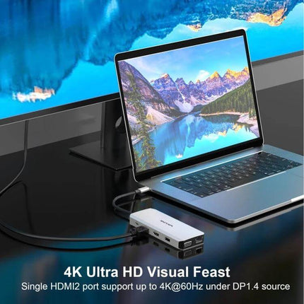 Wavlink 12-in-1 USB-C Multi-Port Adapter for Device Connectivity connected to laptop and monitor for 4K video and multiple peripherals
