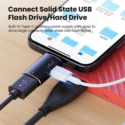 iPhone OTG Adapter for Daily Headphone Connections on the Go - slim Type-C dongle connecting wired headphones and USB flash drive to iPhone/iPad