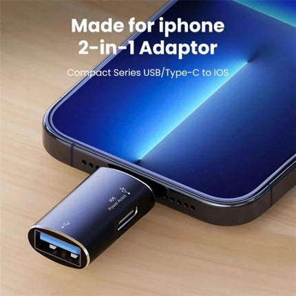 iPhone OTG Adapter for Daily Headphone Connections on the Go - compact 2-in-1 Type-C to iPhone adapter for wired headphones and USB drives