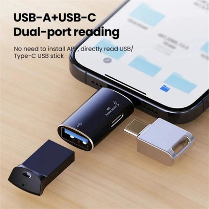 iPhone OTG Adapter for Daily Headphone Connections on the Go - dual USB-A and USB-C reader for file transfer and wired headphones
