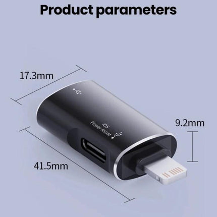 iPhone OTG Adapter for Daily Headphone Connections on the Go - compact Lightning to USB-C adapter showing dimensions 41.5x17.3x9.2mm and USB-C port
