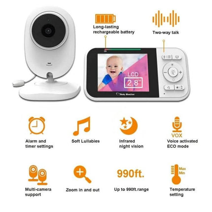 Baby Video Monitor with Two-Way Audio for Home Surveillance showing camera, parent monitor screen with baby, two-way talk and temperature icons