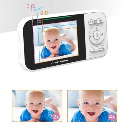 Baby Video Monitor with Two-Way Audio for Home Surveillance showing handheld monitor screen with baby image and 2x/4x zoom options