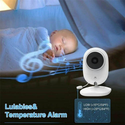 Baby Video Monitor with Two-Way Audio for Home Surveillance showing camera near sleeping baby, two-way audio lullabies and temperature alarm