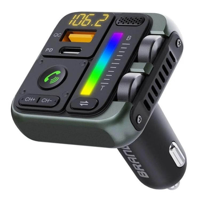 Car Bluetooth Adapter Type-C USB Charger For Hands-Free Music FM Transmitter - compact FM transmitter with Type-C port, dual metal rollers, LED audio bar and call button