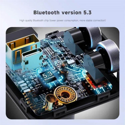 Car Bluetooth Adapter Type-C USB Charger For Hands-Free Music FM Transmitter showcasing internal Bluetooth 5.3 chipset, DSP rollers, electret mic and charging Type-C port