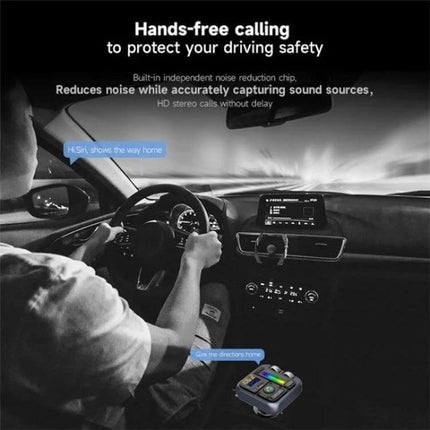 Car Bluetooth Adapter Type-C USB Charger For Hands-Free Music FM Transmitter in car dashboard showing hands-free calling and DSP music control