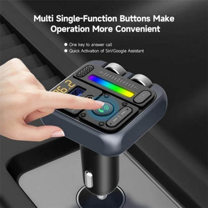 Car Bluetooth Adapter Type-C USB Charger For Hands-Free Music FM Transmitter showing hand pressing multifunction button with LED display and dual metal rollers