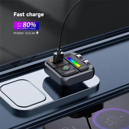 Car Bluetooth Adapter Type-C USB Charger For Hands-Free Music FM Transmitter showing fast charge connected via Type-C in car with DSP rollers and electret microphone