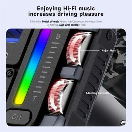 Car Bluetooth Adapter Type-C USB Charger For Hands-Free Music FM Transmitter showing metal rollers, LED equalizer, and bass/treble adjustment controls