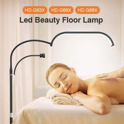 Enhances Daily Beauty Sessions with Versatile Home Lighting LED beauty floor lamp with flexible arm illuminating a spa facial and phone holder
