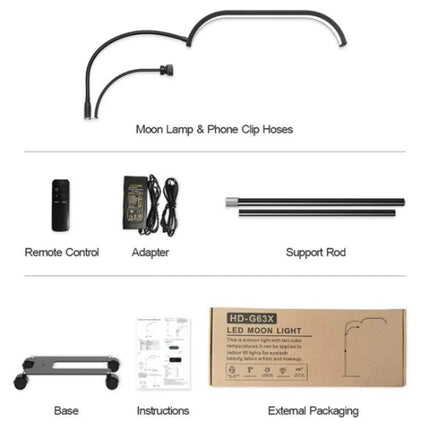 Enhances Daily Beauty Sessions with Versatile Home Lighting — lamp kit with moon lamp, phone clip, remote, adapter, support rod, base, instructions, packaging