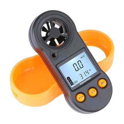 Mini Anemometer for Outdoor Wind Speed Monitoring - compact handheld wind meter with LCD showing 0.0 m/s and 31.4°C, orange protective case