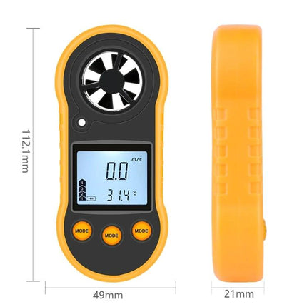 Mini Anemometer for Outdoor Wind Speed Monitoring – compact yellow handheld unit with digital display showing wind speed and temperature