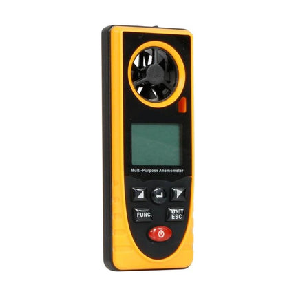 Anemometer for Everyday Weather and Wind Measurement - handheld yellow-black multi-purpose anemometer showing vane, LCD and control buttons