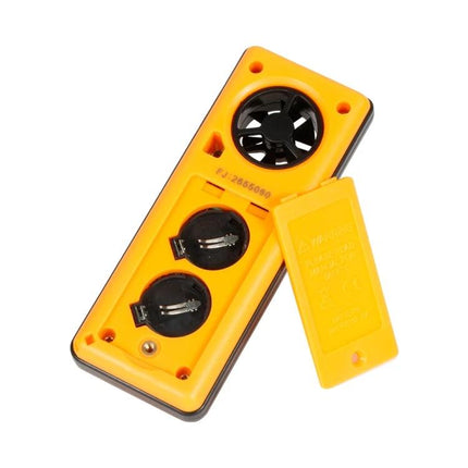 Anemometer for Everyday Weather and Wind Measurement - compact yellow handheld device showing fan sensor and battery compartment