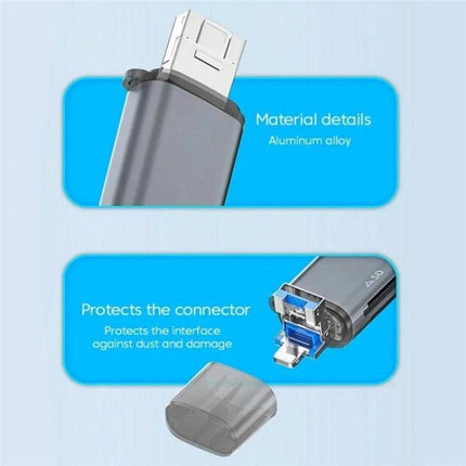 Handy Card Reader for Daily File Transfers on the Go - aluminum alloy multi-interface card reader with USB, 8 Pin, Type-C for phone and laptop backups