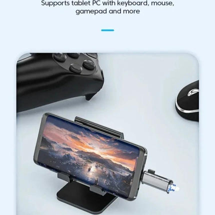 Handy Card Reader for Daily File Transfers on the Go - compact multi-interface card reader connected to phone on a stand for travel photo backup