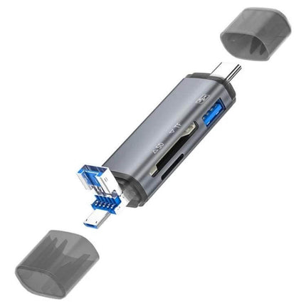 Portable OTG Adapter for SD, TF Card, and USB Data Transfer – compact aluminum card reader with USB and dual card slots for photographers and travelers