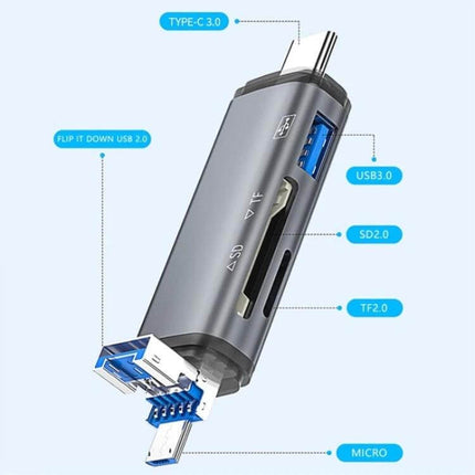 Portable OTG Adapter for SD, TF Card, and USB Data Transfer - compact multiport adapter with Type-C, USB3.0, SD2.0, TF2.0 and Micro connectors