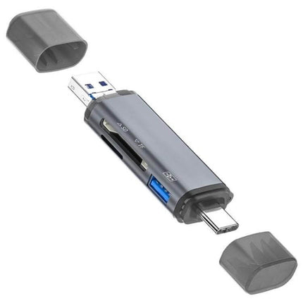 Portable OTG Adapter for SD, TF Card, and USB Data Transfer with USB-A and USB-C connectors and SD/TF card slots, portable gray hub