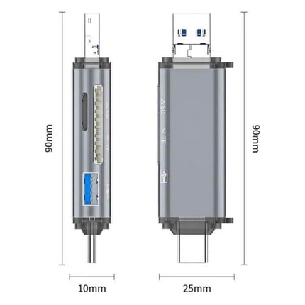 Portable OTG Adapter for SD, TF Card, and USB Data Transfer showing dimensions 90mm x 25mm x 10mm and multiple card and USB ports