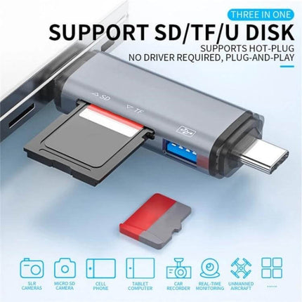 Portable OTG Adapter for SD, TF Card, and USB Data Transfer showing SD and TF cards plugged into a USB-C adapter for mobile file transfer