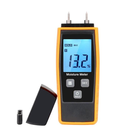 Digital Wood Moisture Meter for Building Material Testing showing 13.2% reading with probes and protective cap