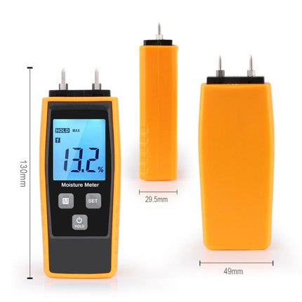 Digital Wood Moisture Meter for Building Material Testing handheld yellow moisture meter showing 13.2% reading and probe tips, 130mm x 49mm