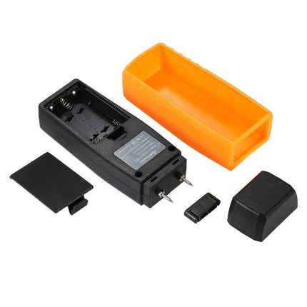 Digital Wood Moisture Meter for Building Material Testing handheld meter with orange protective cover and removable battery compartment