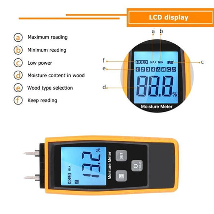 Digital Wood Moisture Meter for Building Material Testing - handheld meter with LCD showing 13.2% moisture and wood type selection