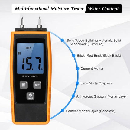 Digital Wood Moisture Meter for Building Material Testing handheld probe showing 15.7% reading and material types