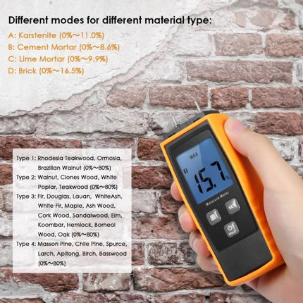 Digital Wood Moisture Meter for Building Material Testing handheld meter showing 15.7% reading against brick wall modes