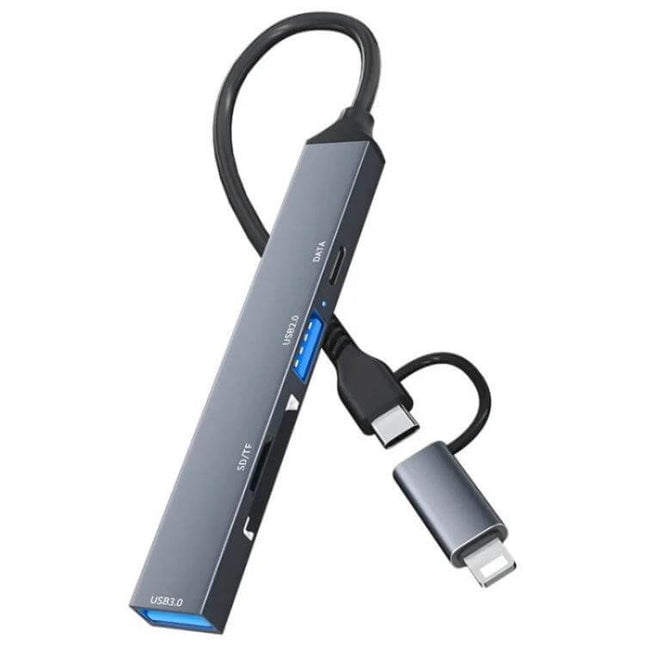 ADS-805 Multi-Function Hub for Data Transfer and Cards slim Type-C and 8-pin adapter with USB and SD card readers for file transfer