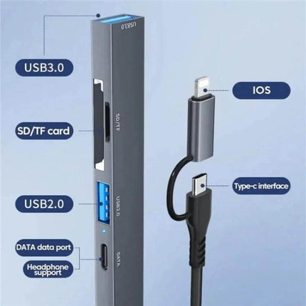 ADS-805 Multi-Function Hub for Data Transfer and Cards with Type-C, 8-pin adapters, USB3.0/2.0, SD/TF card reader and headphone support