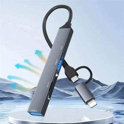 ADS-805 Multi-Function Hub for Data Transfer and Cards showing Type-C and 8-pin connectors, USB port and card reader for file transfer