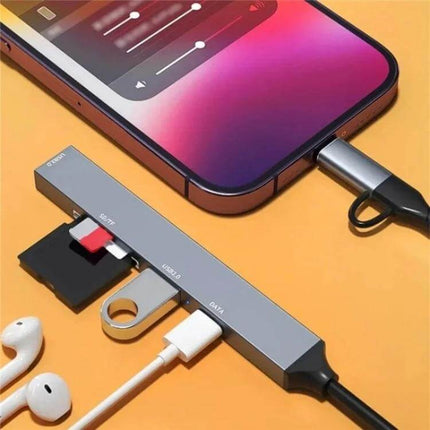 ADS-805 Multi-Function Hub for Data Transfer and Cards connected to phone with SD card, USB drive and Type-C cable