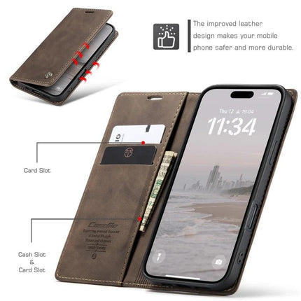 CaseMe Leather Phone Case For Everyday Protection And Simple Daily Carry For Commutes brown leather wallet case with card slots, cash slot and phone stand