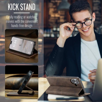 CaseMe Leather Phone Case For Everyday Protection And Simple Daily Carry For Commutes - brown leather wallet-style kickstand with card slots shown in use