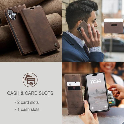 CaseMe Leather Phone Case For Everyday Protection And Simple Daily Carry For Commutes - brown leather wallet-style case with card slots and stand
