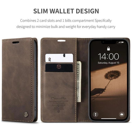 CaseMe Leather Flip Phone Case With Card Storage showing slim leather wallet design, 2 card slots, bill pocket and phone stand