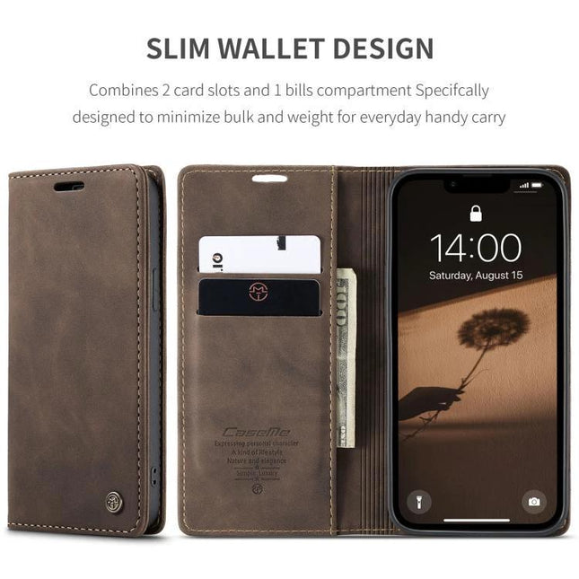 CaseMe Leather Flip Phone Case With Card Storage showing slim leather wallet design, 2 card slots, bill pocket and phone stand
