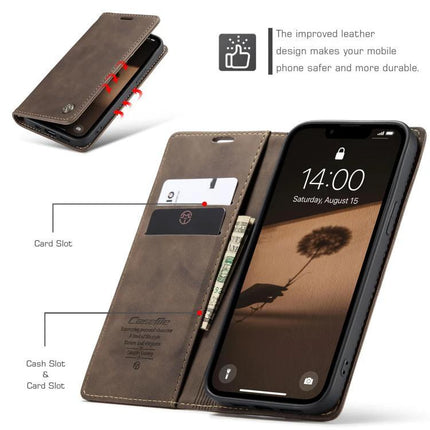 CaseMe Leather Flip Phone Case With Card Storage showing brown leather folio, card slots, cash pocket and phone stand