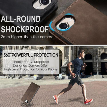CaseMe Leather Flip Phone Case With Card Storage showing brown leather, raised camera protection and 360° shockproof drop protection
