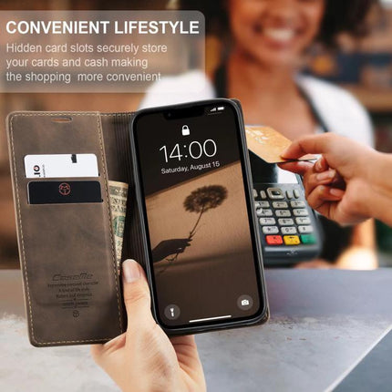 CaseMe Leather Flip Phone Case With Card Storage holding phone with hidden card slots and folded stand during contactless payment